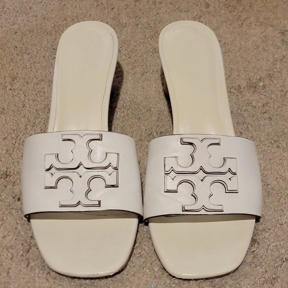 Tory Burch Ines Goat Leather Mule Heeled Sandal Gardenia/White Size 8.5 - Picture 4 of 12